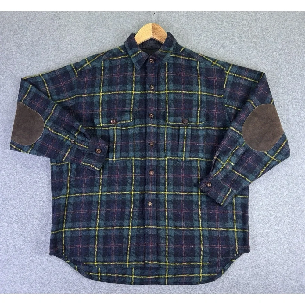 Banana Republic Cabinwear Shirt Medium Green Blue Tartan Plaid Wool Elbow Patch